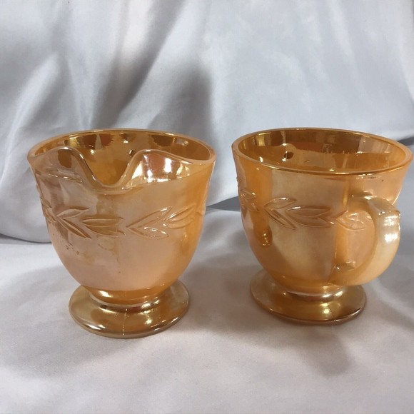 Peach Luster Ware Fire King Iridescent Sugar Creamer Leaf Pattern Mid Century - Picture 5 of 10